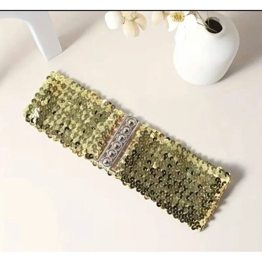 Women's Two Sequin Elastic Waist Belts - Vintage Style, Adjustable One Size